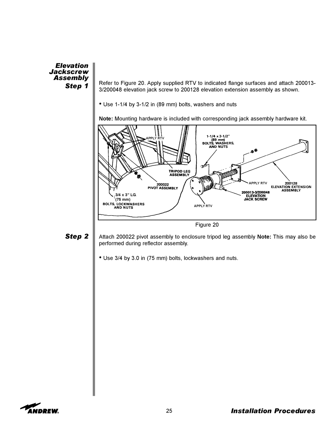 Andrew 9.3-Meter ESA manual Elevation Jackscrew Assembly Step Step, Installation Procedures 
