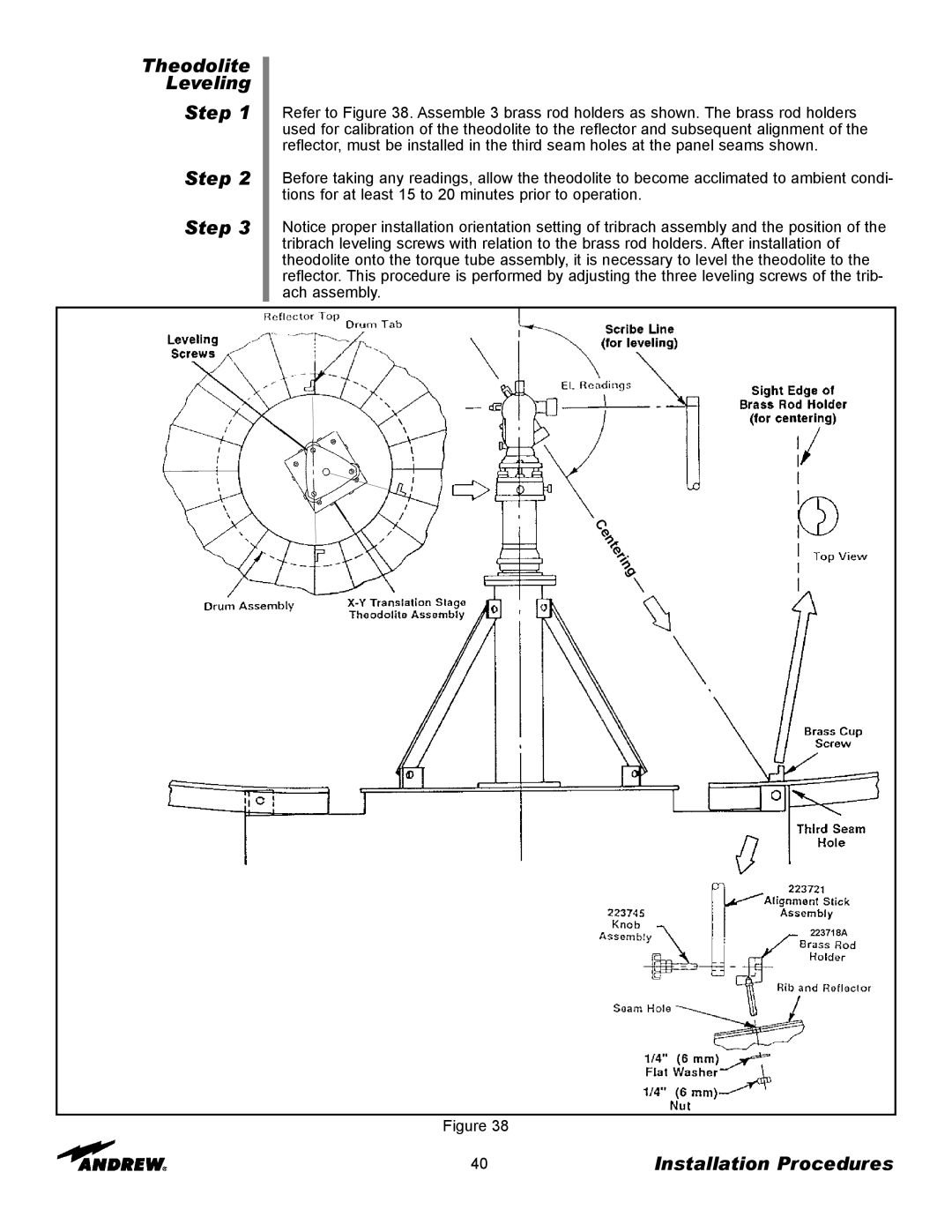 Andrew 9.3-Meter ESA manual Theodolite Leveling Step Step Step, Installation Procedures 