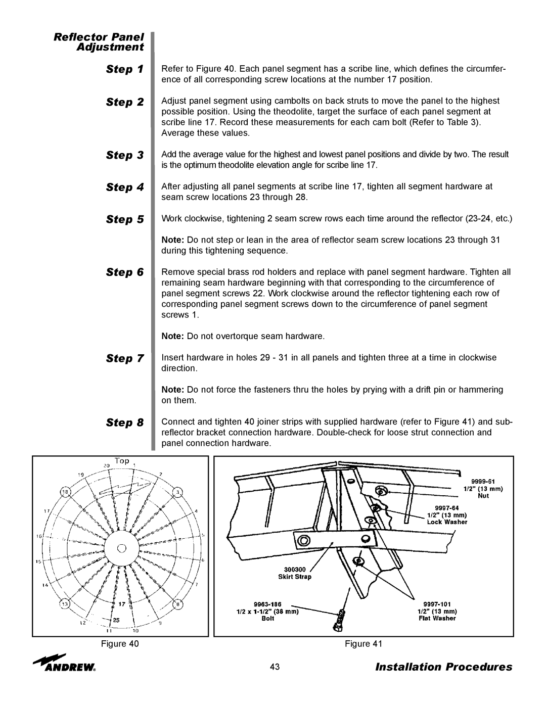 Andrew 9.3-Meter ESA manual Reflector Panel Adjustment Step Step Step Step, Installation Procedures 