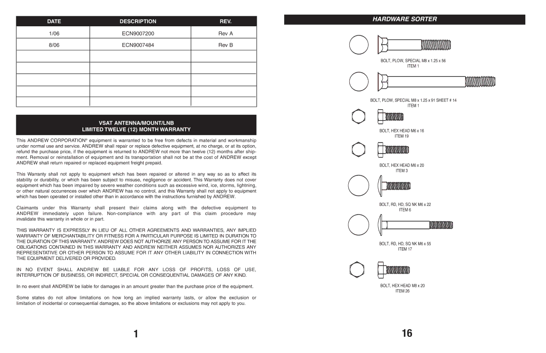Andrew 960, 123 manual Hardware Sorter, Vsat ANTENNA/MOUNT/LNB Limited Twelve 12 Month Warranty 