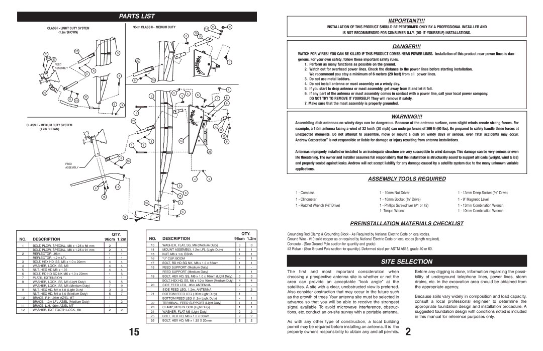 Andrew 123, 960 manual Parts List, Site Selection 