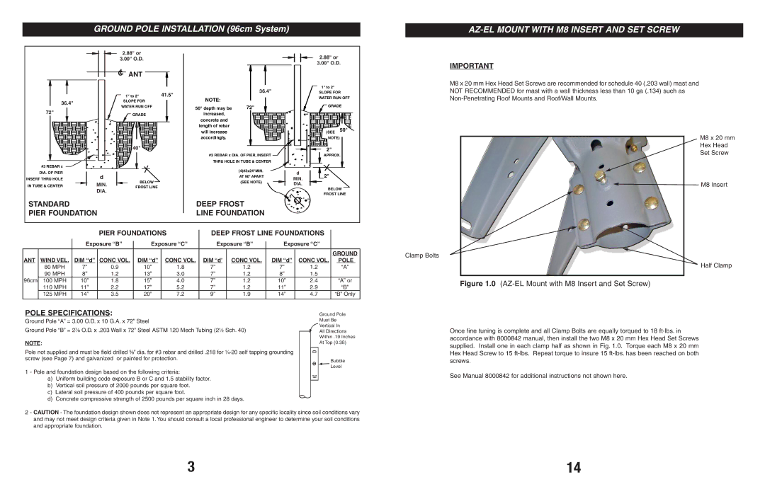 Andrew 960, 123 manual AZ-EL Mount with M8 Insert and SET Screw, Ant, Pier Foundations Deep Frost Line Foundations 