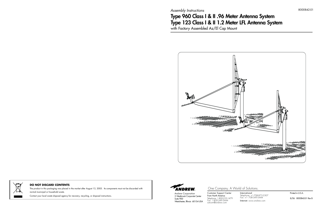 Andrew 123, 960 manual Assembly Instructions, with Factory Assembled Az/El Cap Mount, One Company. A World of Solutions 