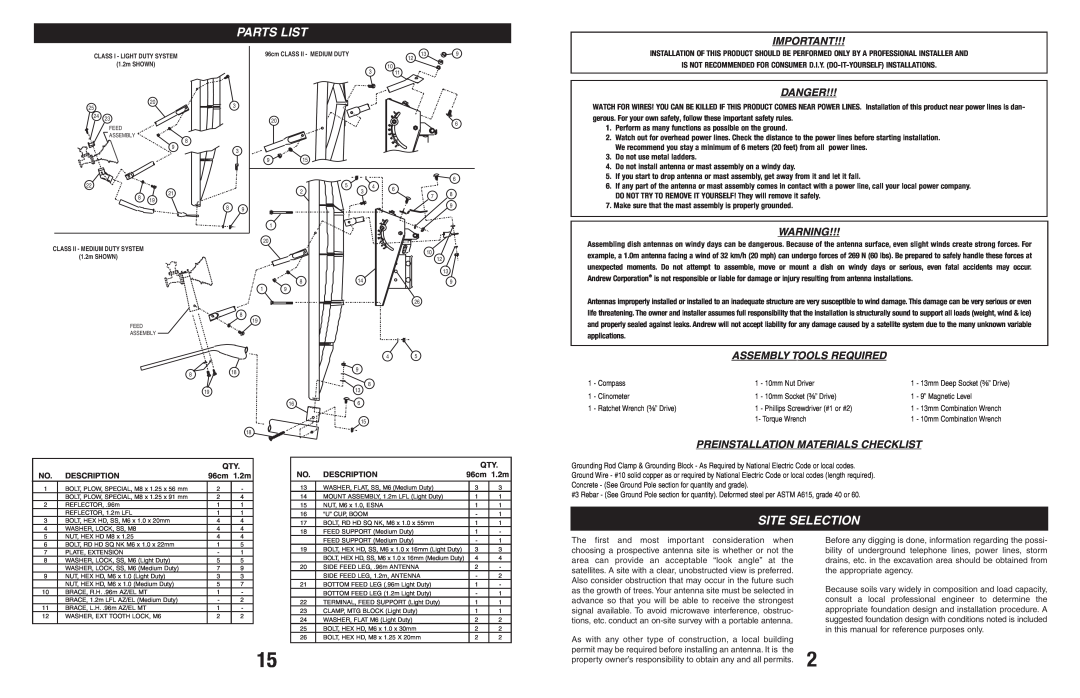 Andrew 123, 960 manual Parts List, Site Selection, Danger, Assembly Tools Required, Preinstallation Materials Checklist 