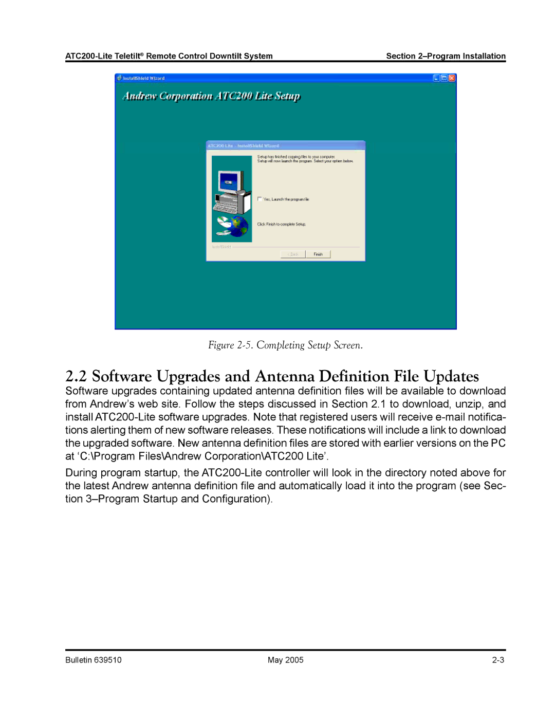 Andrew ATC200-Lite manual Software Upgrades and Antenna Definition File Updates, Completing Setup Screen 