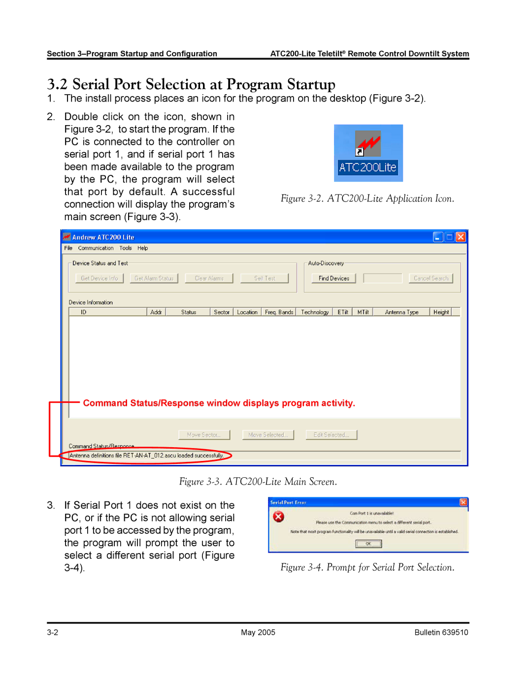 Andrew manual Serial Port Selection at Program Startup, ATC200-Lite Application Icon 