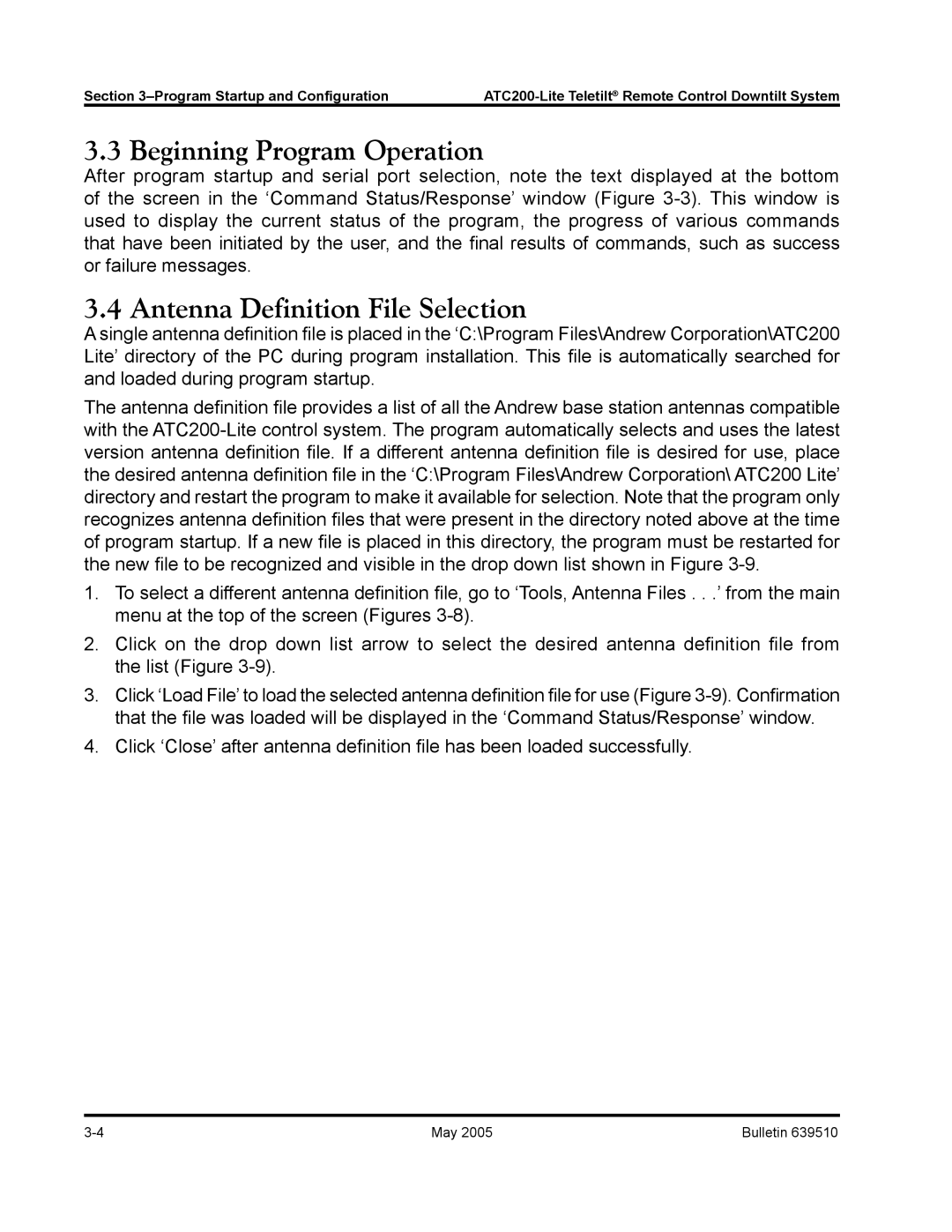 Andrew ATC200-Lite manual Beginning Program Operation, Antenna Definition File Selection 