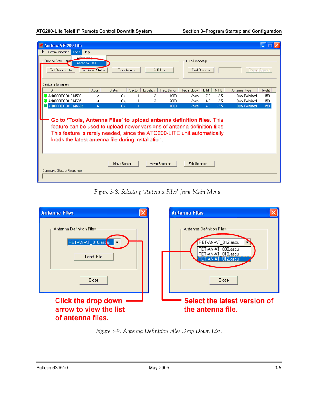 Andrew ATC200-Lite manual Selecting ‘Antenna Files’ from Main Menu 