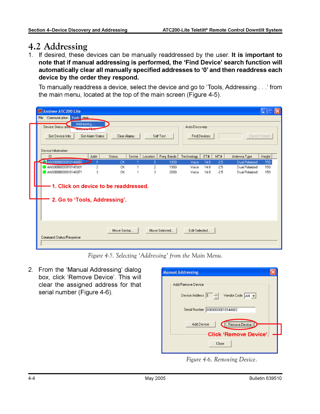 Andrew ATC200-Lite manual Addressing, Click ‘Remove Device’ 