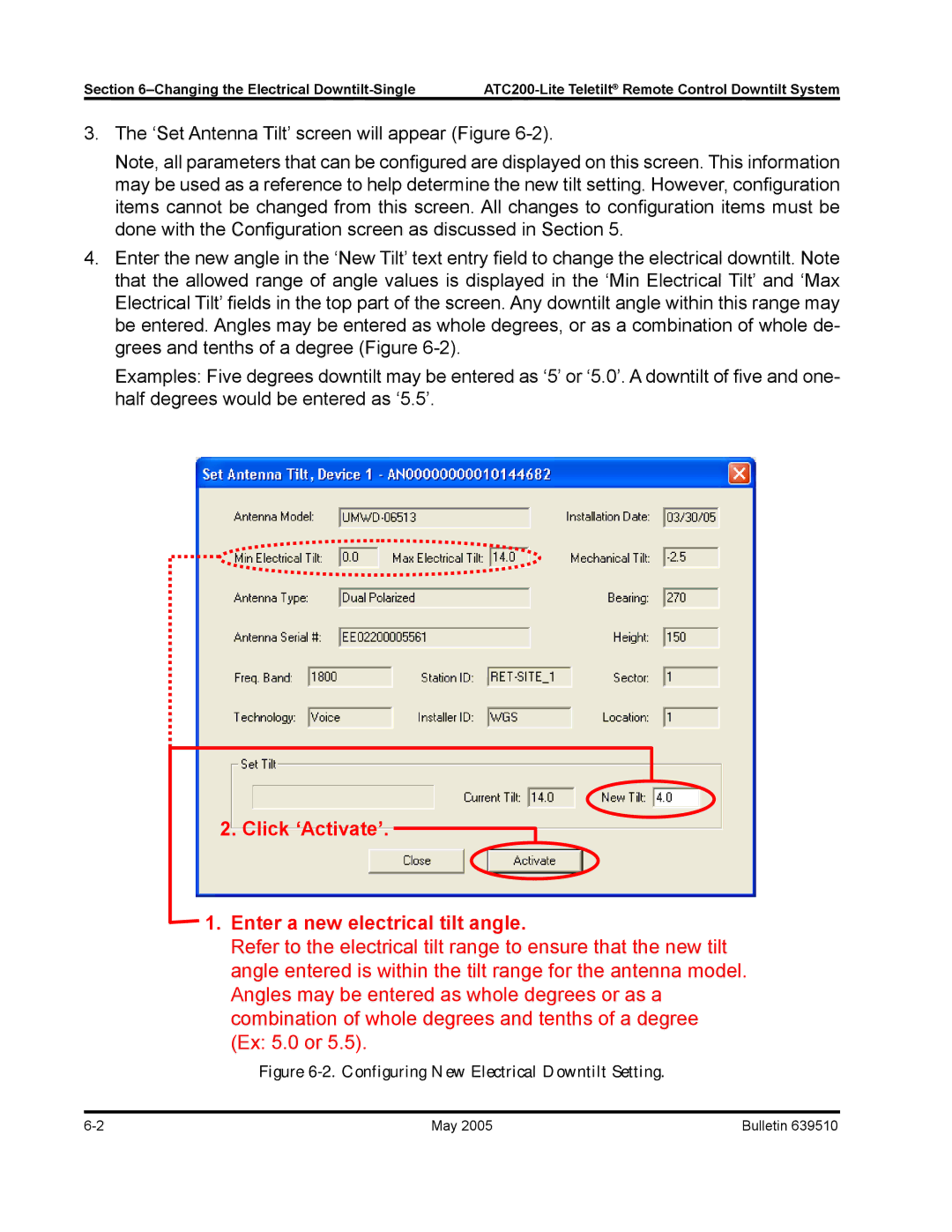 Andrew ATC200-Lite manual Click ‘Activate’ Enter a new electrical tilt angle 