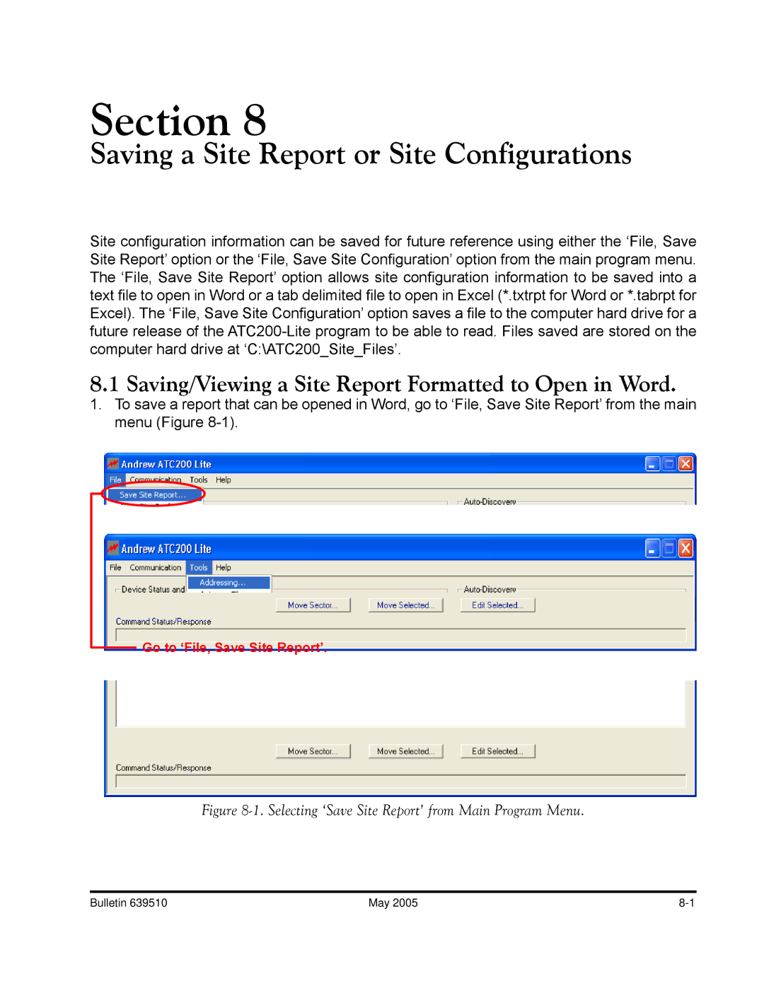 Andrew ATC200-Lite Saving a Site Report or Site Configurations, Saving/Viewing a Site Report Formatted to Open in Word 