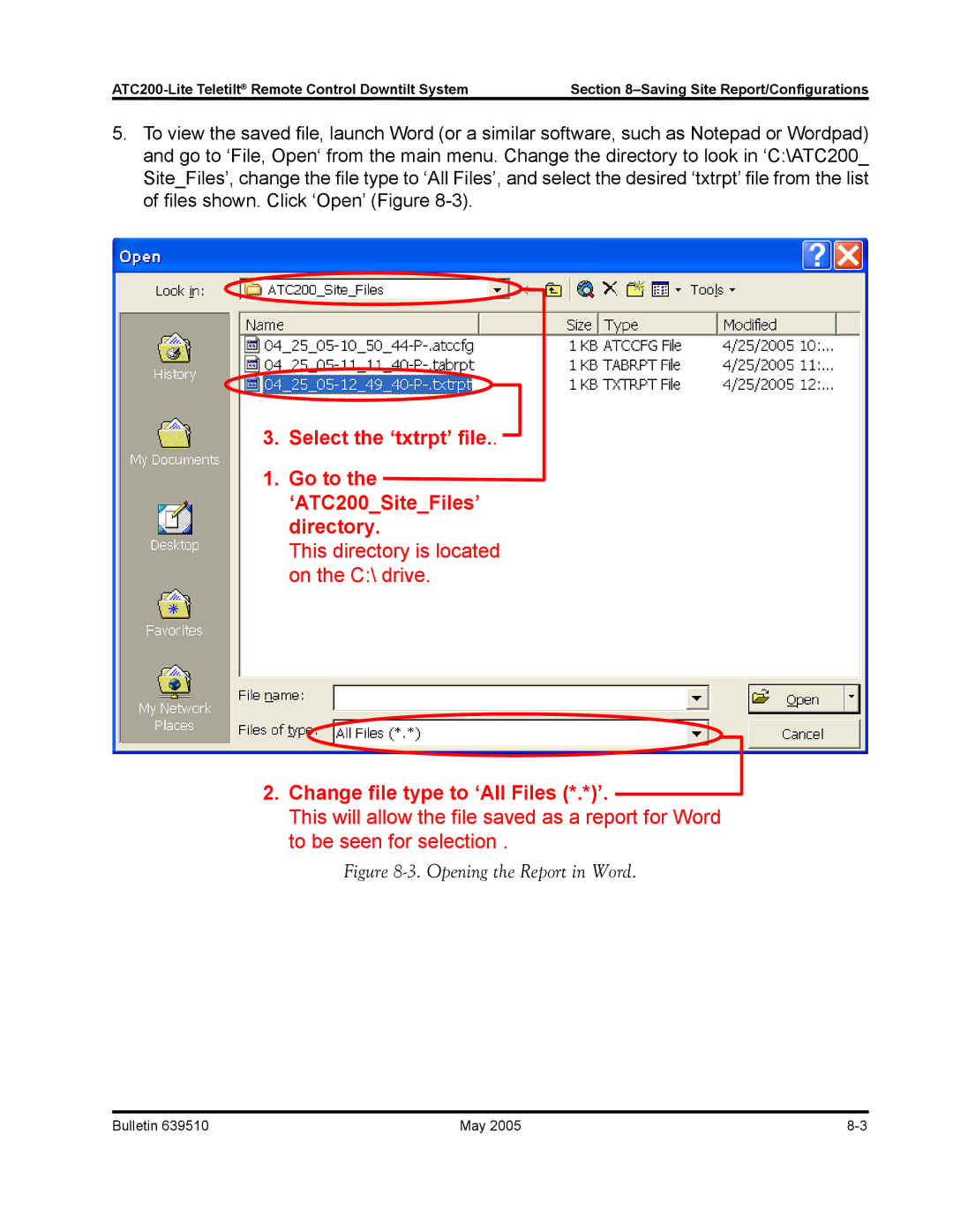 Andrew ATC200-Lite manual Select the ‘txtrpt’ file Go to ‘ATC200SiteFiles’ directory 