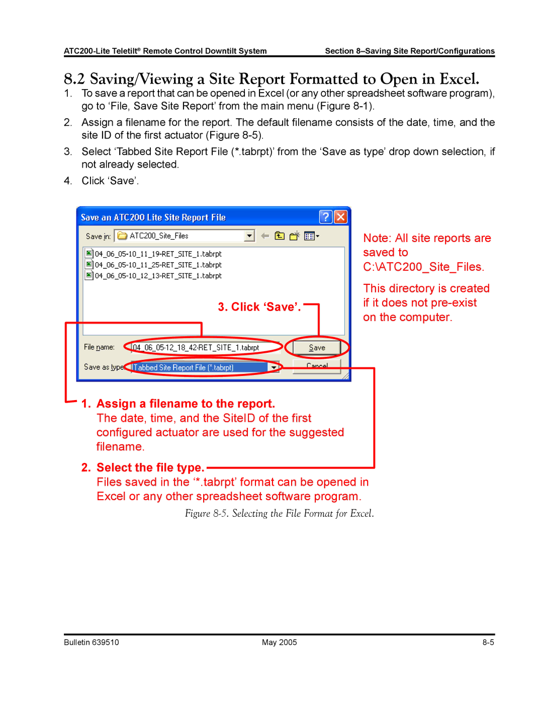 Andrew ATC200-Lite manual Saving/Viewing a Site Report Formatted to Open in Excel, Selecting the File Format for Excel 