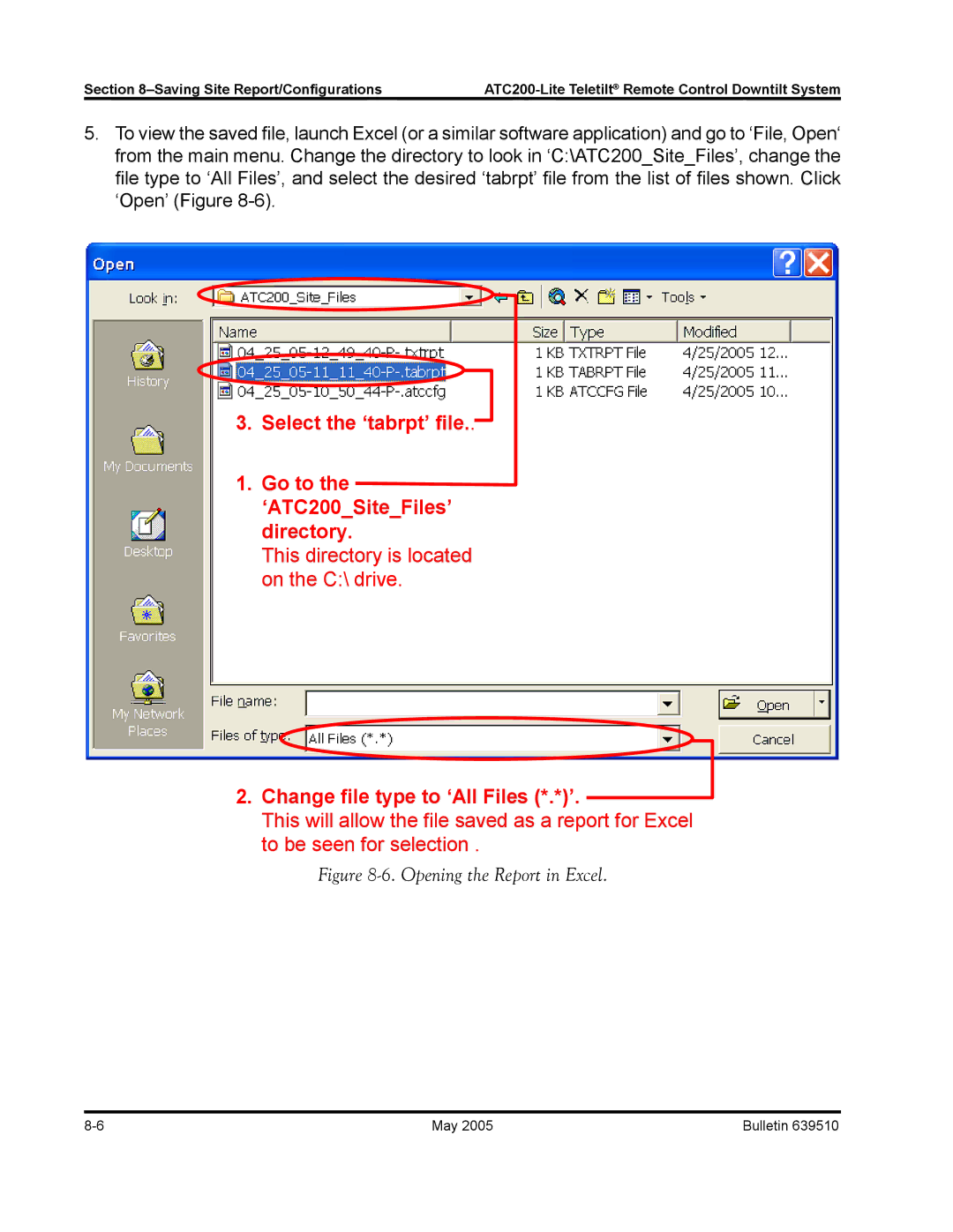 Andrew ATC200-Lite manual Select the ‘tabrpt’ file Go to ‘ATC200SiteFiles’ directory 