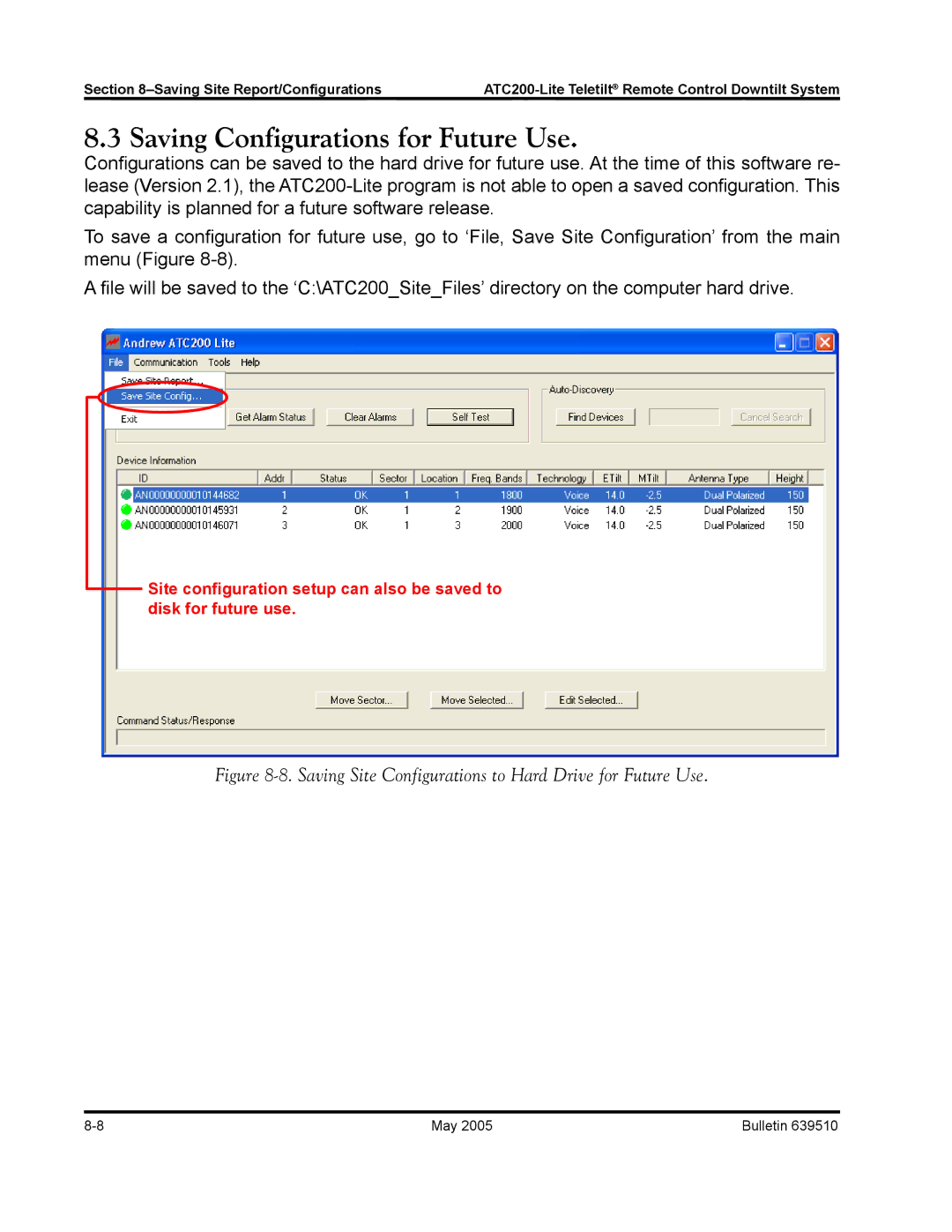 Andrew ATC200-Lite manual Saving Configurations for Future Use, Saving Site Configurations to Hard Drive for Future Use 