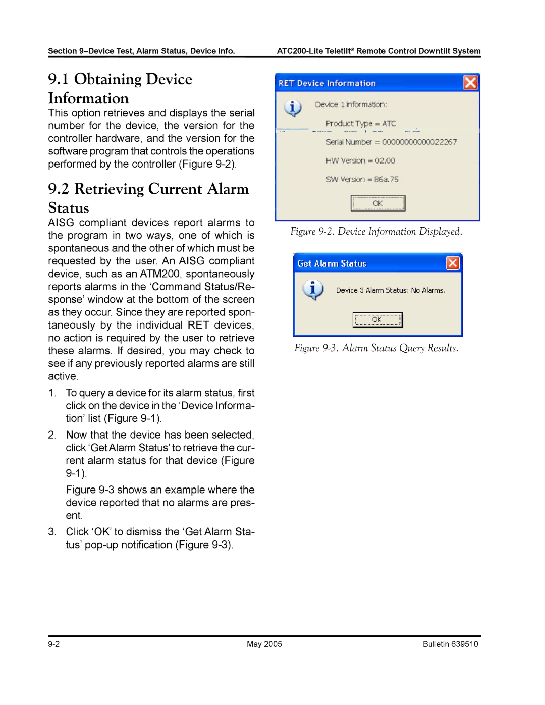 Andrew ATC200-Lite manual Obtaining Device Information, Retrieving Current Alarm Status 