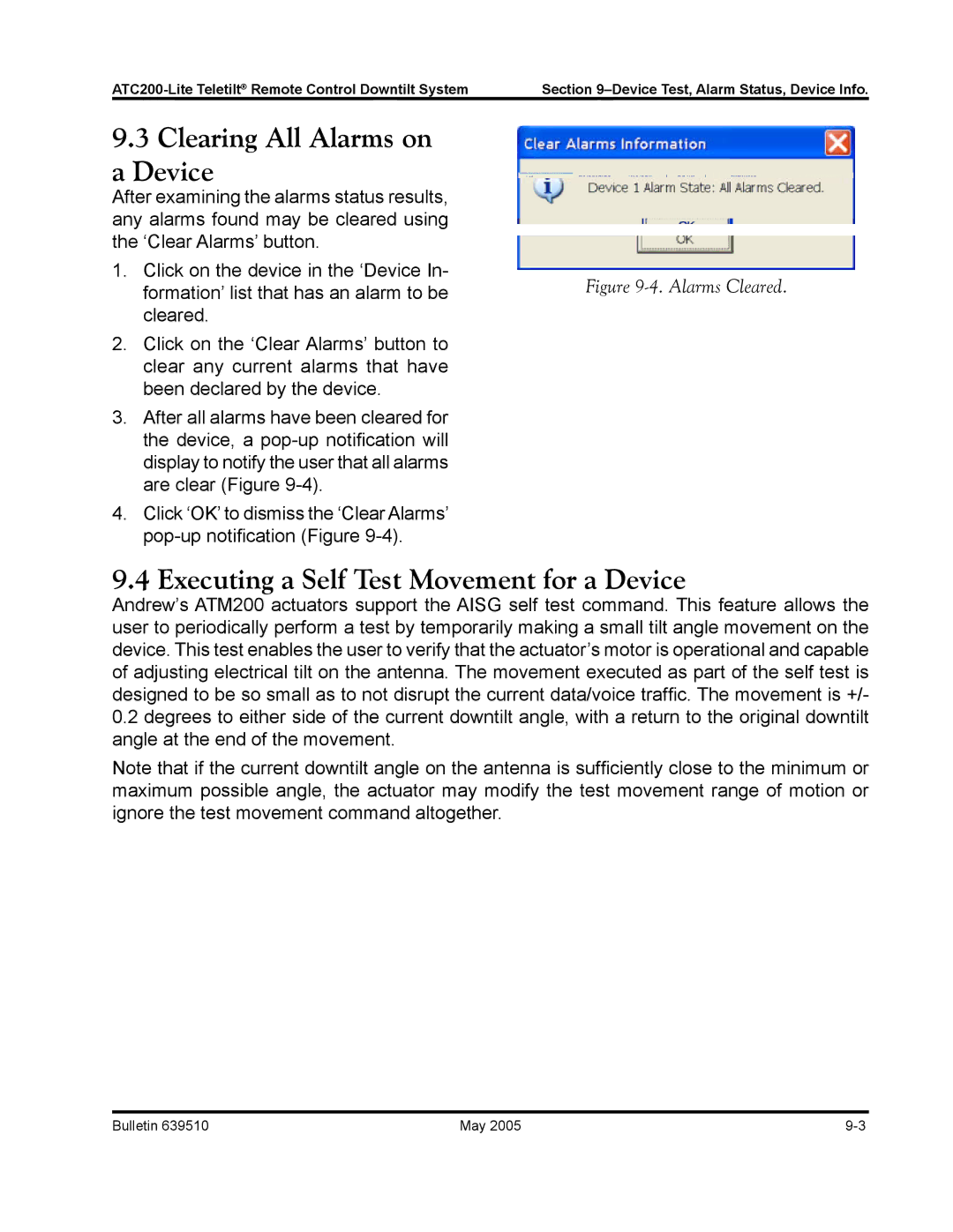 Andrew ATC200-Lite manual Clearing All Alarms on a Device, Executing a Self Test Movement for a Device 