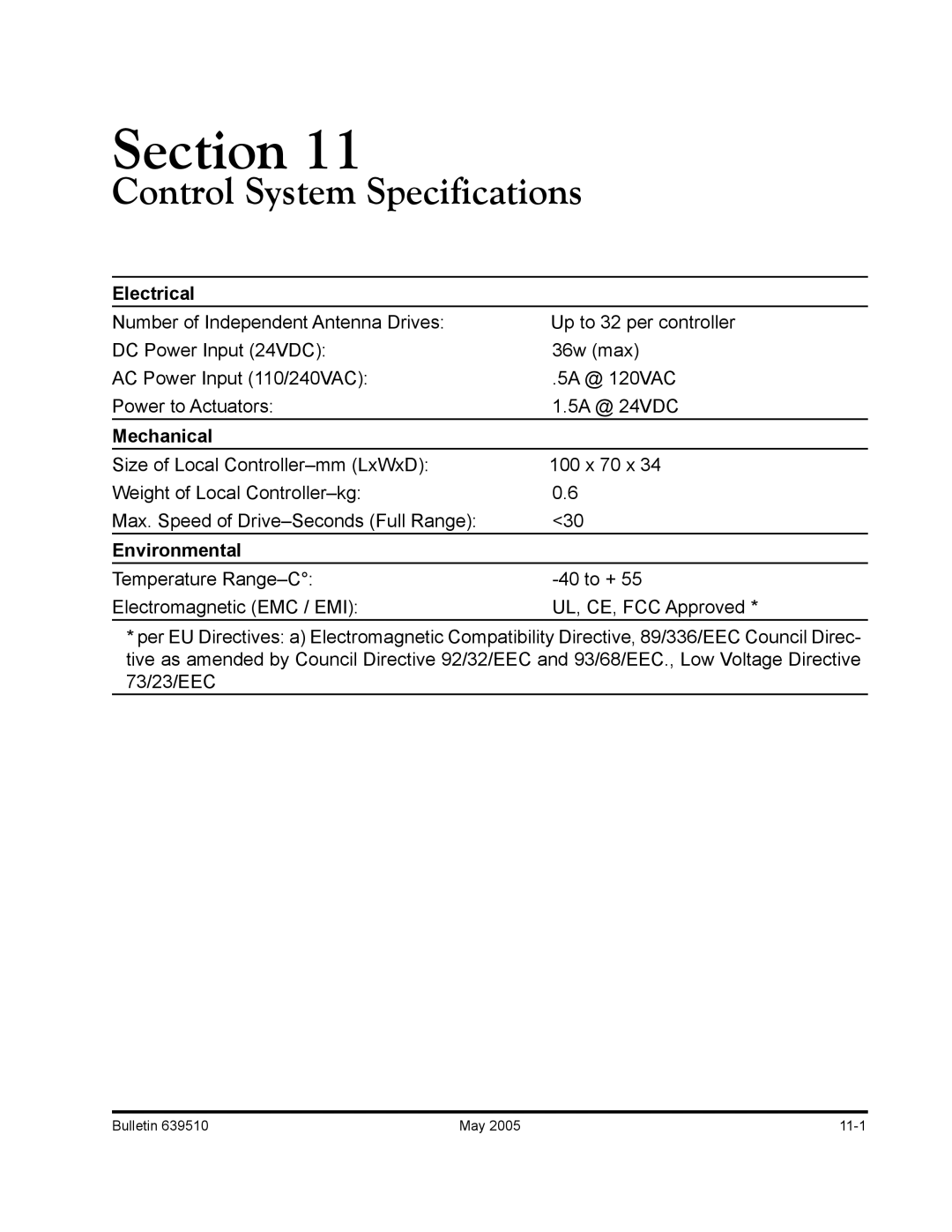 Andrew ATC200-Lite manual Control System Specifications, Electrical 