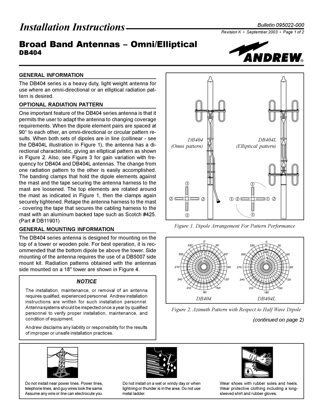 Andrew DB404 installation instructions General Information, Optional Radiation Pattern, General Mounting Information 