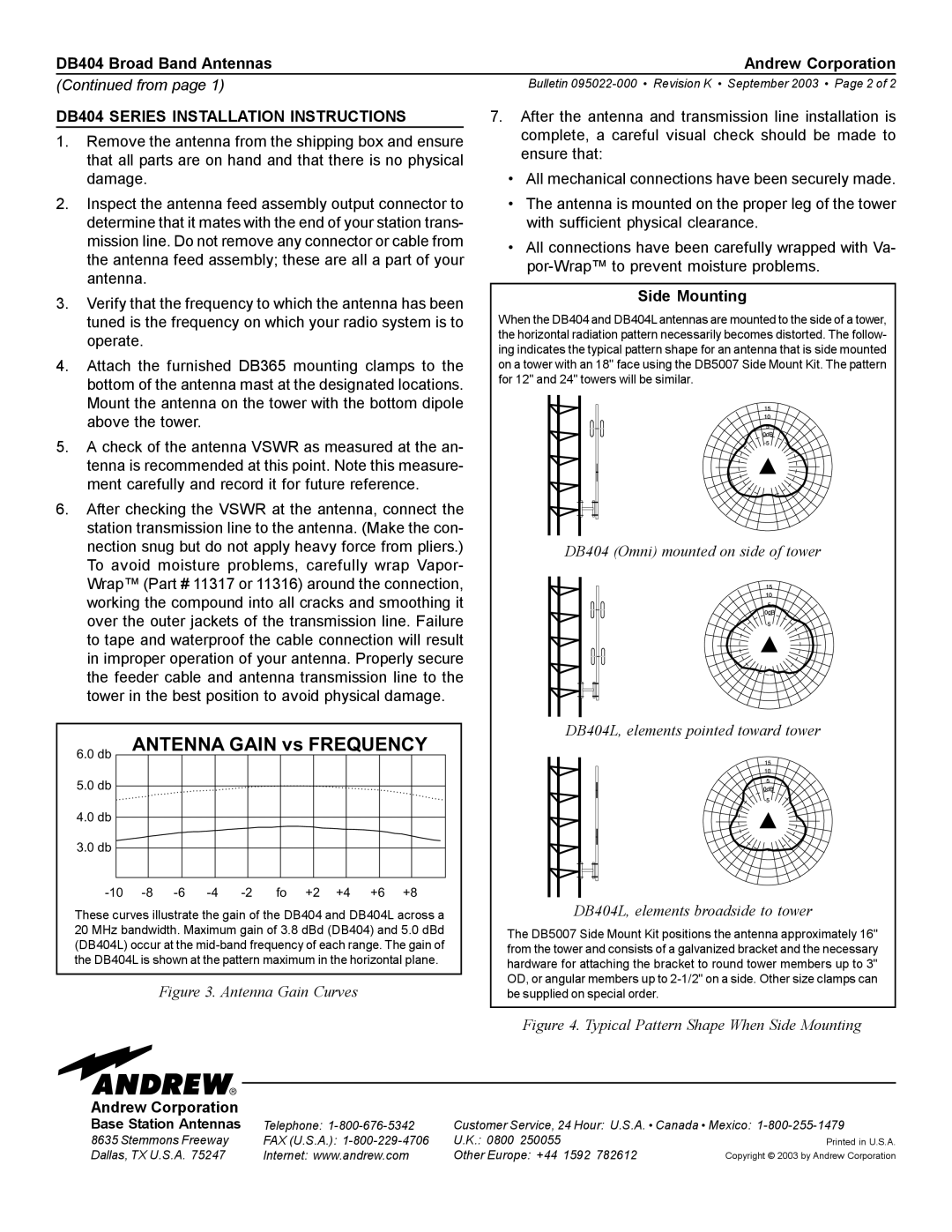 Andrew installation instructions Antenna Gain vs Frequency, DB404 Series Installation Instructions 