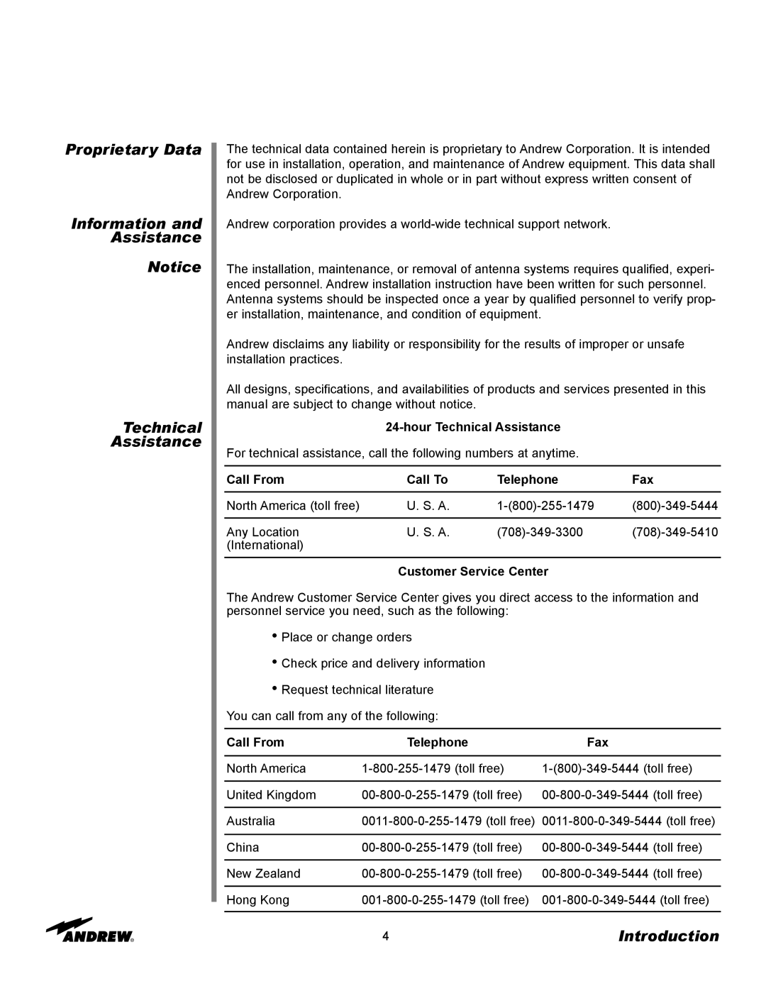 Andrew ES45T manual Proprietary Data Information Assistance Technical, Customer Service Center 