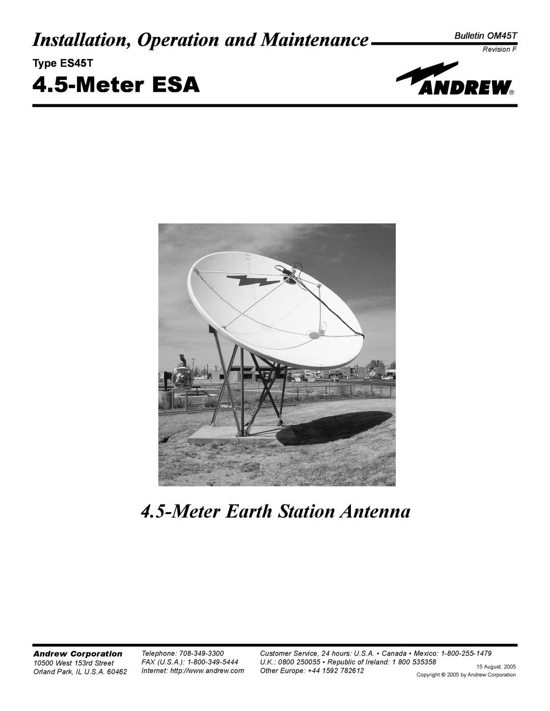 Andrew manual MeterESA, Installation, Operation and Maintenance, MeterEarth Station Antenna, Type ES45T, Bulletin OM45T 