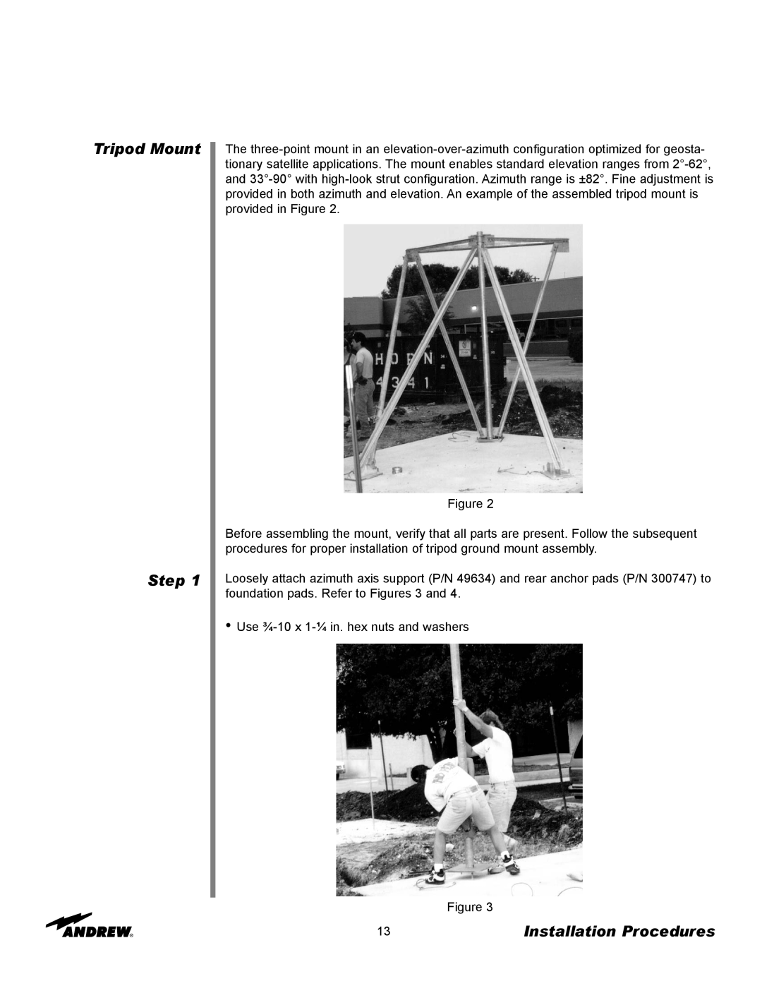 Andrew ES45T manual Tripod Mount Step, Installation Procedures 