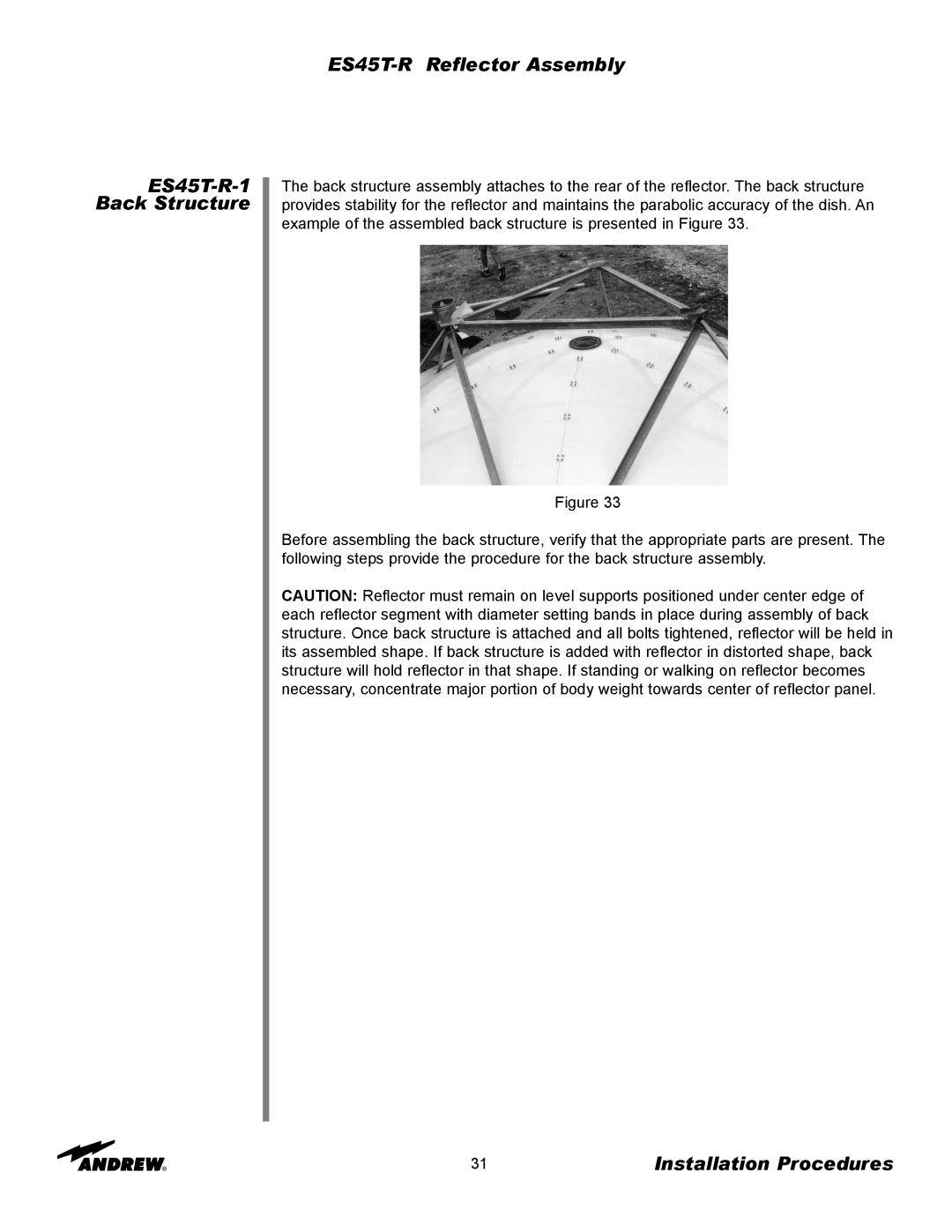 Andrew manual ES45T-R-1Back Structure, ES45T-RReflector Assembly, Installation Procedures 
