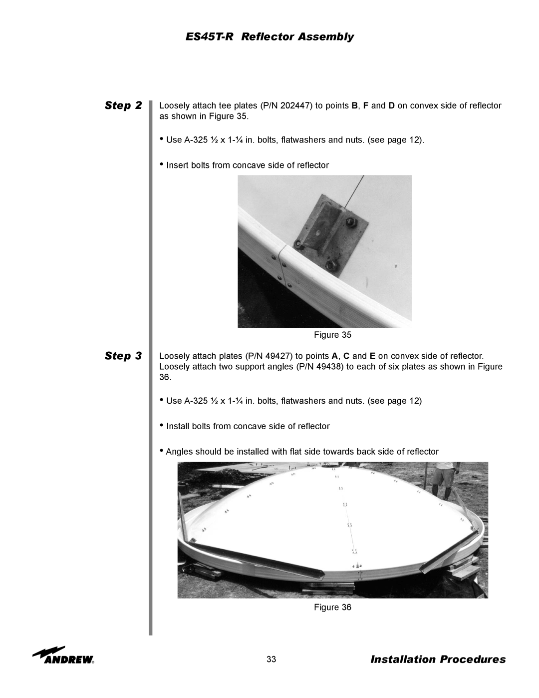 Andrew manual ES45T-RReflector Assembly, Step Step, Installation Procedures, Insert bolts from concave side of reflector 