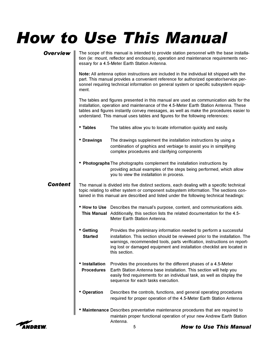 Andrew ES45T manual How to Use This Manual, Overview Content 