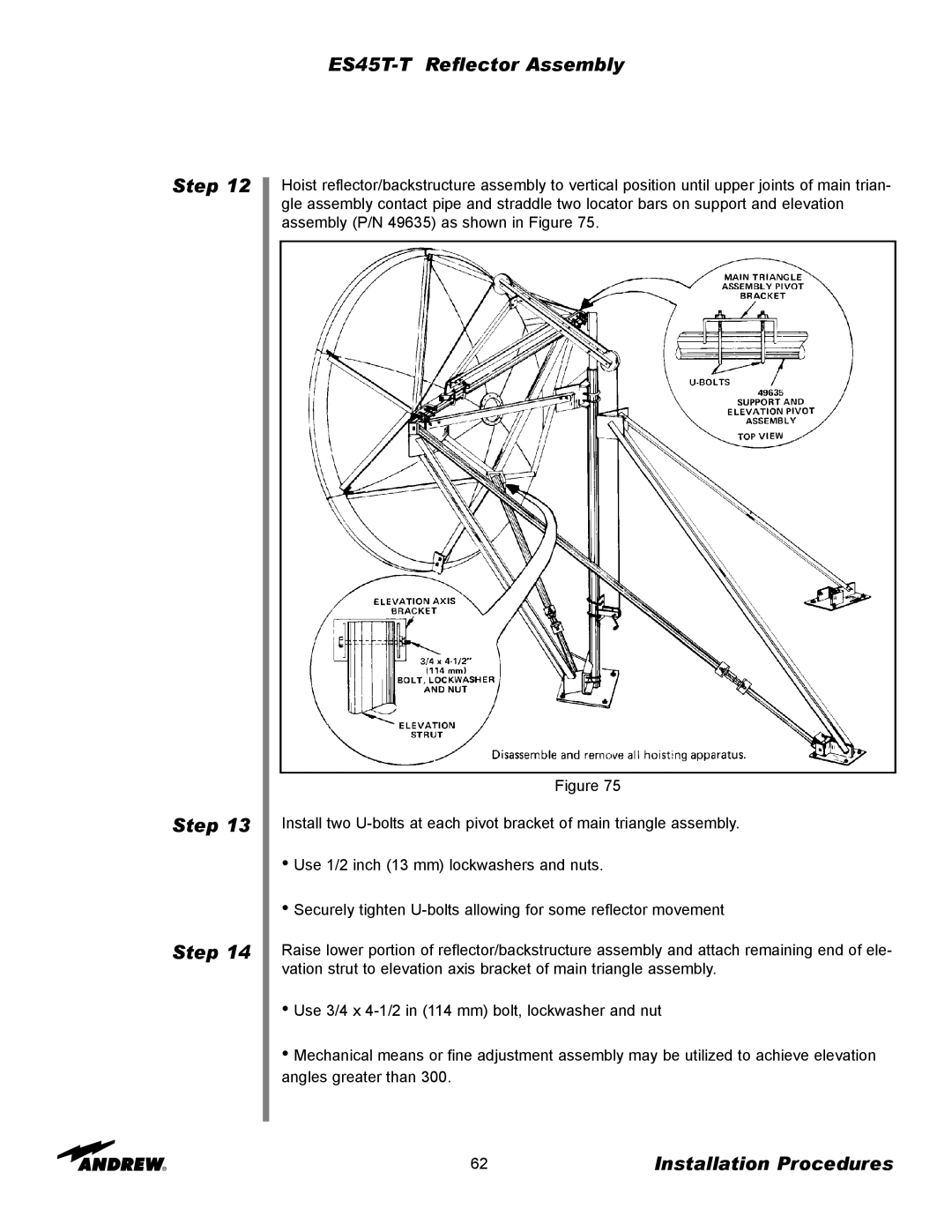 Andrew manual ES45T-TReflector Assembly, Step Step Step, Installation Procedures 