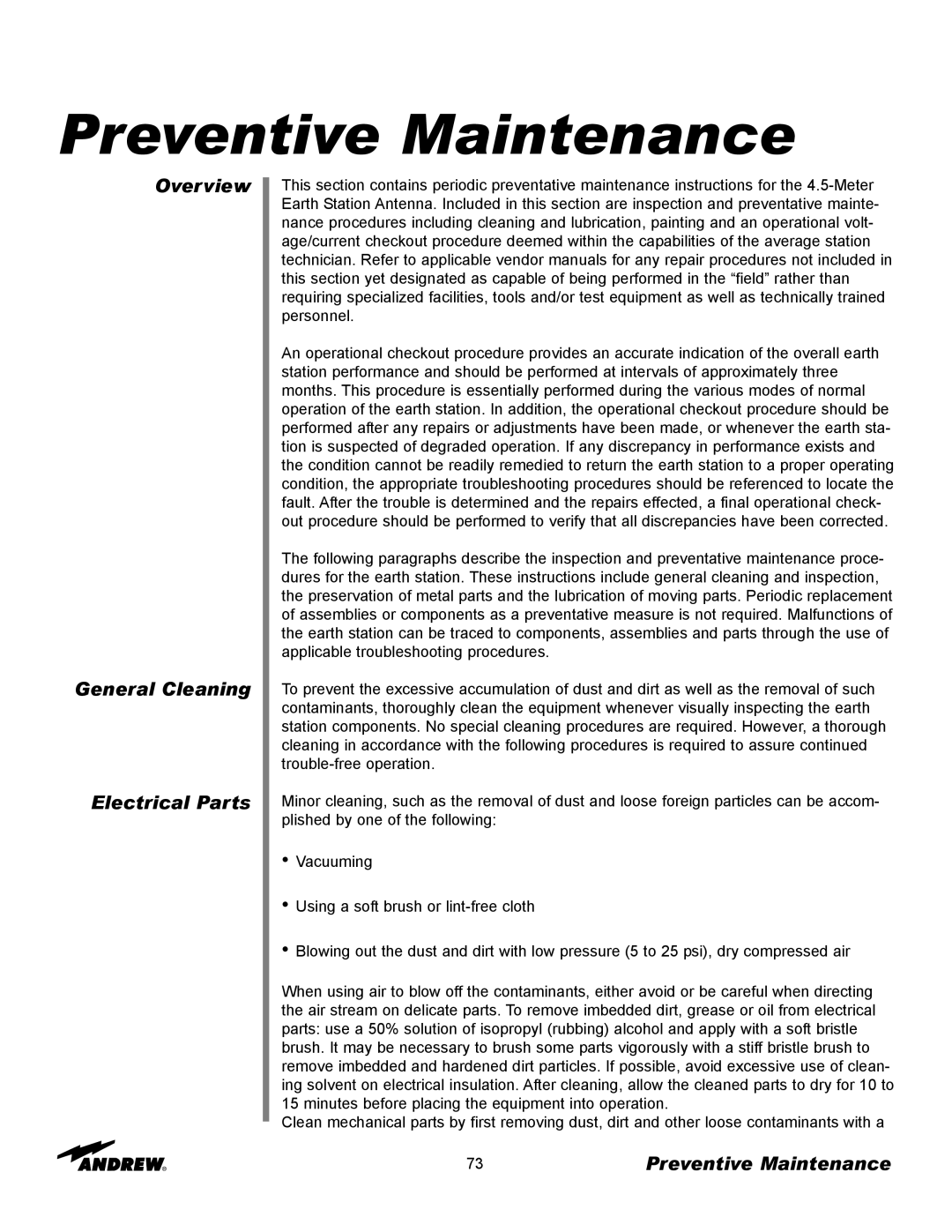 Andrew ES45T manual Preventive Maintenance, Overview General Cleaning Electrical Parts 