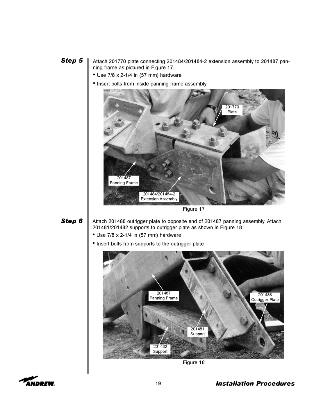 Andrew ES73 manual 201487 201488 Panning Frame Outrigger Plate Support 