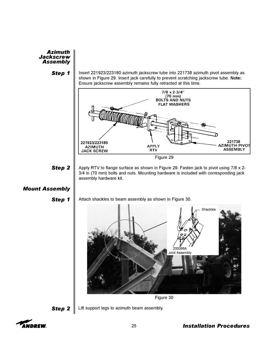 Andrew ES73 manual Azimuth Jackscrew Assembly Step Mount Assembly Step 