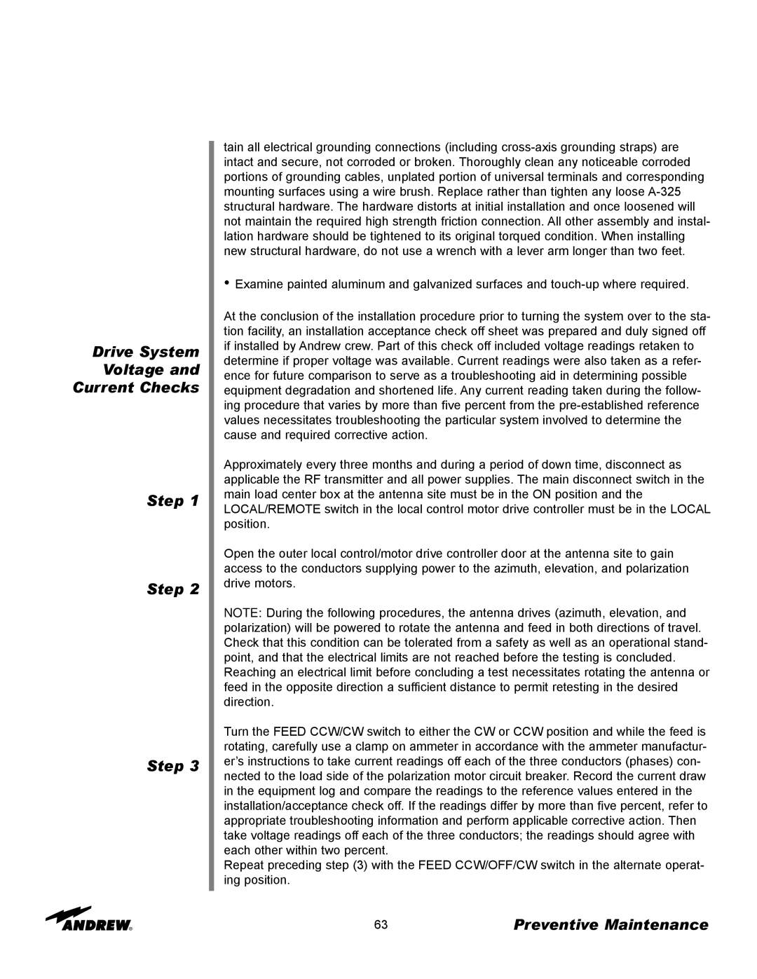 Andrew ES73 manual Drive System Voltage Current Checks Step 