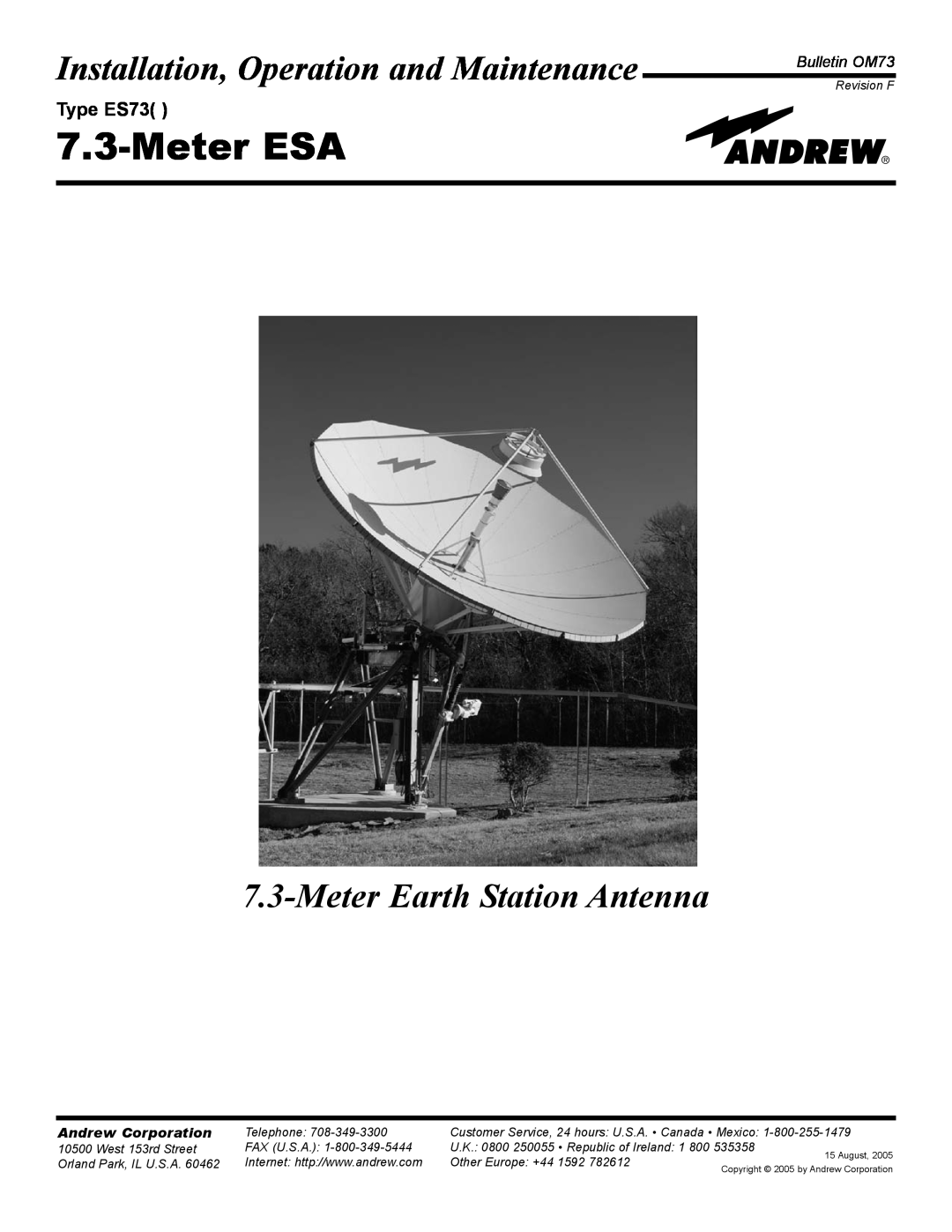 Andrew manual Type ES73, MeterESA, Installation, Operation and Maintenance, MeterEarth Station Antenna, Bulletin OM73 