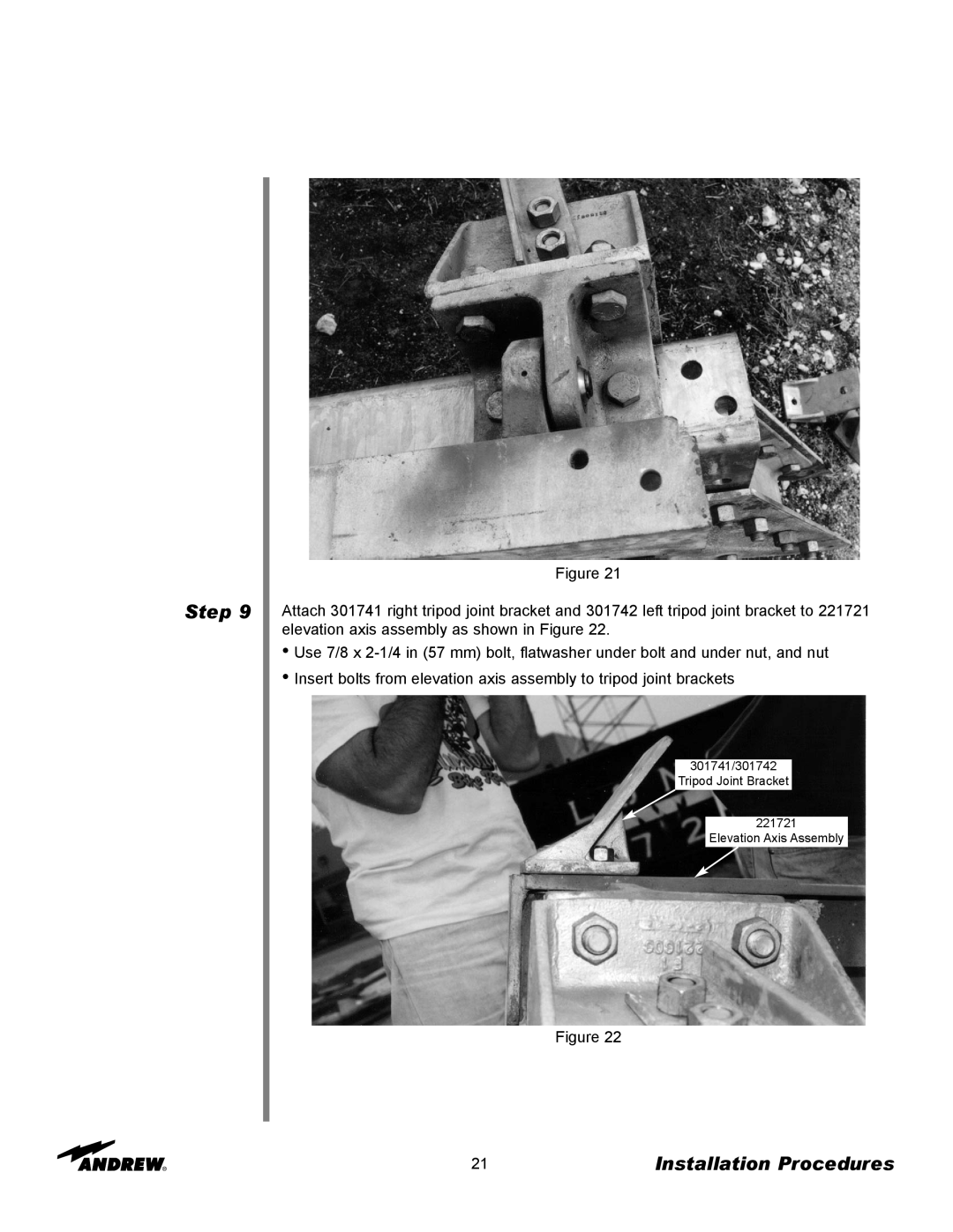 Andrew ES73 Step, Installation Procedures, Figure, 301741/301742 Tripod Joint Bracket 221721, Elevation Axis Assembly 