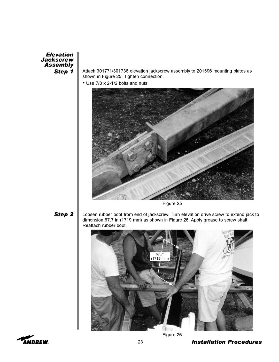 Andrew ES73 manual Elevation Jackscrew Assembly Step Step, Installation Procedures 