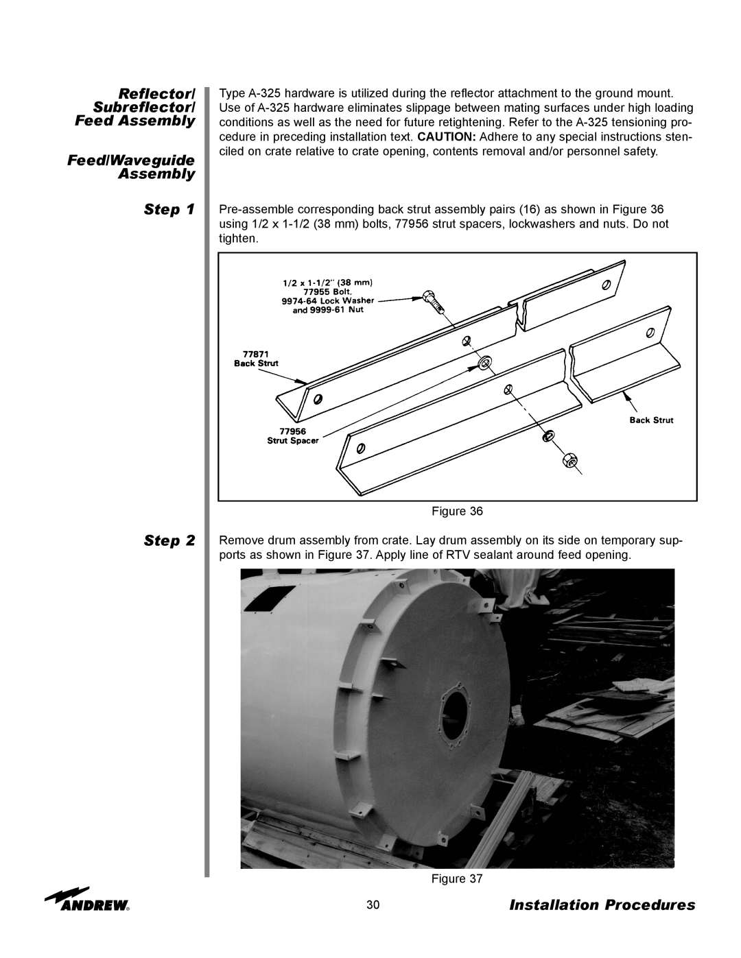 Andrew ES73 manual Reflector Subreflector Feed Assembly, Feed/Waveguide Assembly Step Step, Installation Procedures 