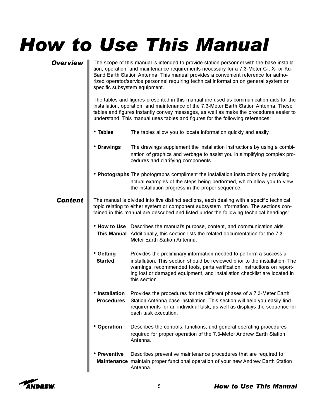 Andrew ES73 manual How to Use This Manual, Overview Content 