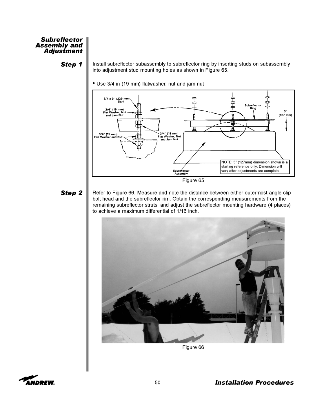 Andrew ES73 manual Subreflector Assembly and Adjustment Step Step, Installation Procedures 