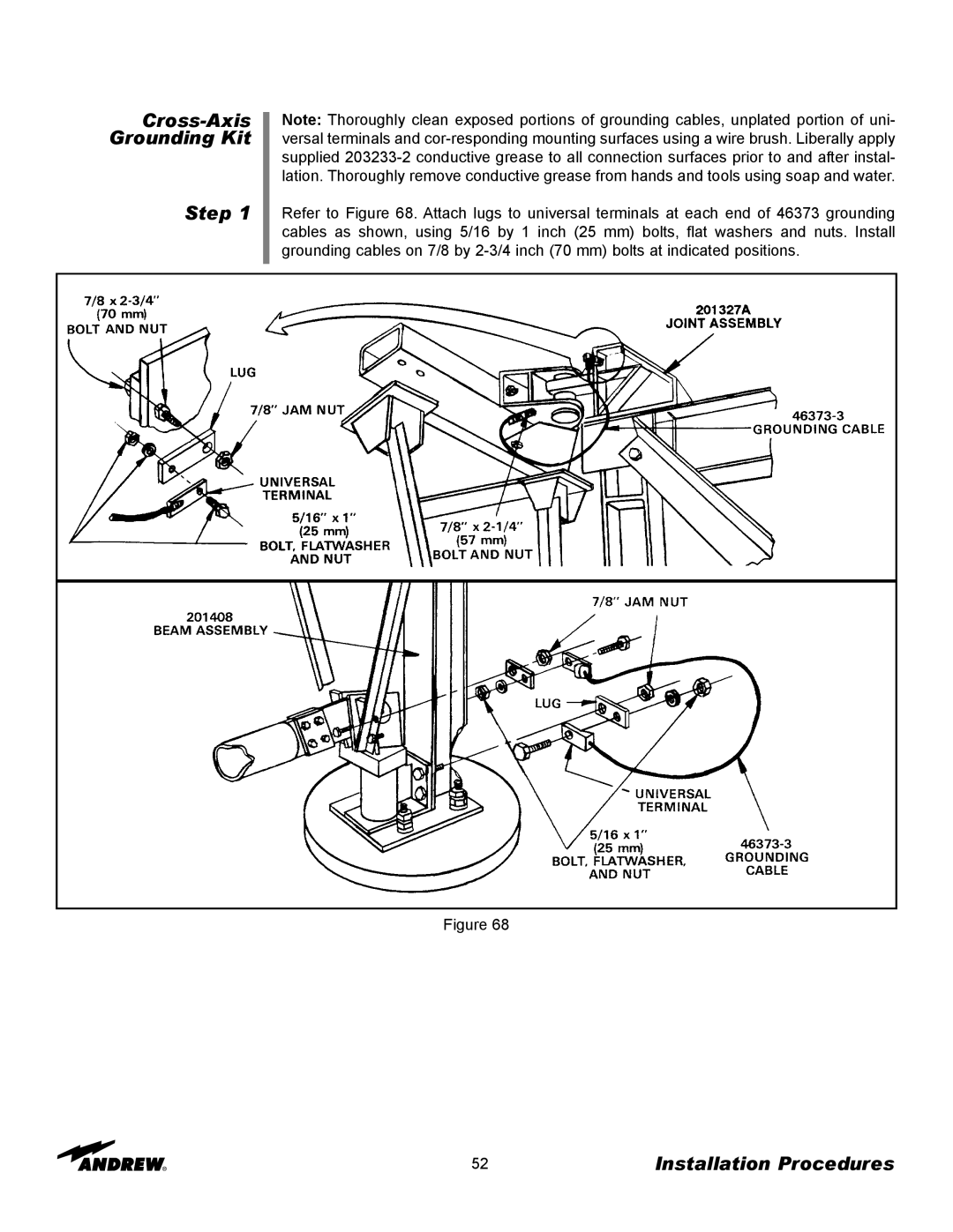 Andrew ES73 manual Cross-AxisGrounding Kit Step, Installation Procedures 