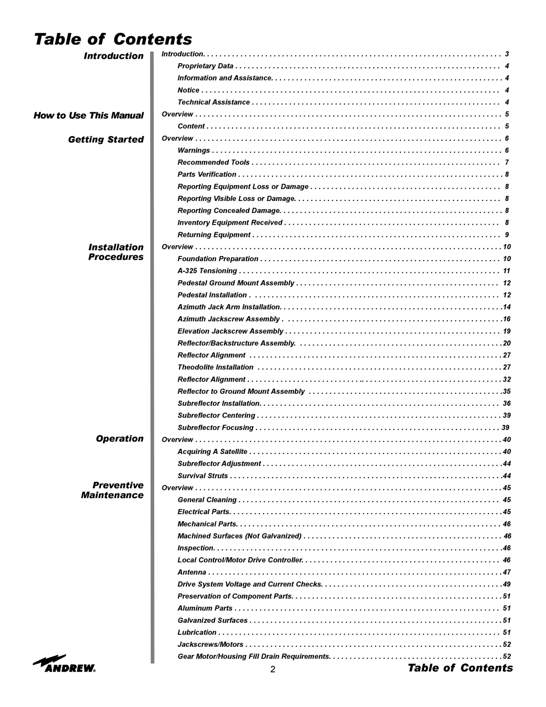 Andrew ES76PK-1 installation instructions Table of Contents 