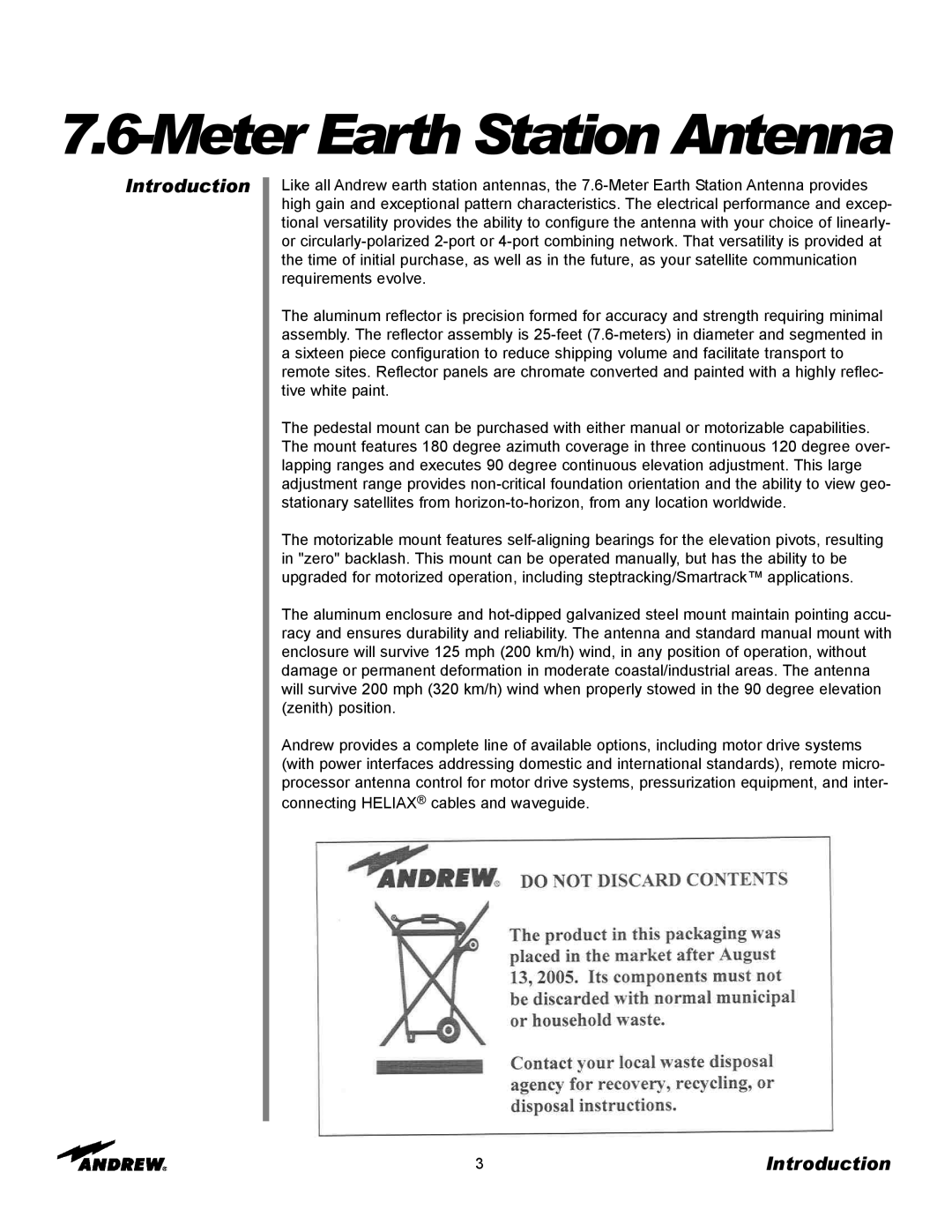 Andrew ES76PK-1 installation instructions Meter Earth Station Antenna, Introduction 