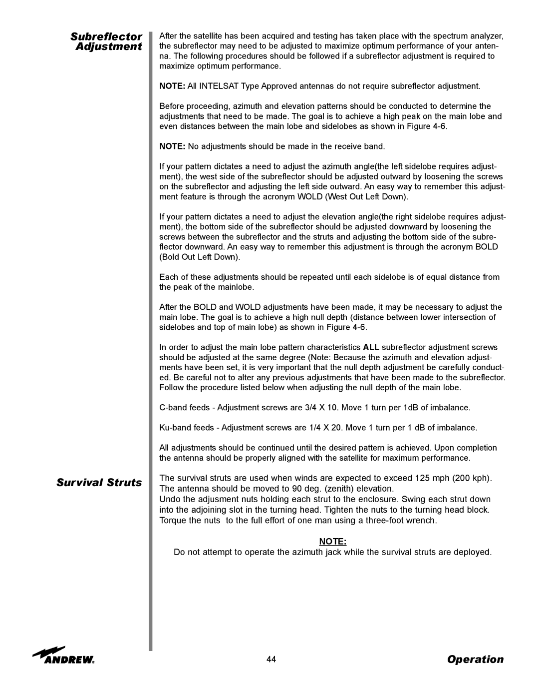 Andrew ES76PK-1 installation instructions Subreflector Adjustment Survival Struts 