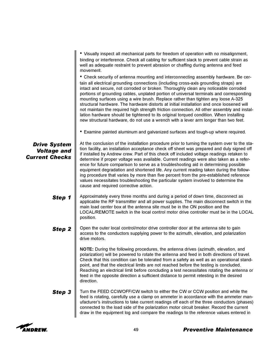 Andrew ES76PK-1 installation instructions Drive System Voltage Current Checks Step 
