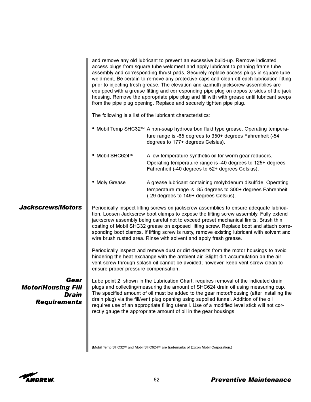 Andrew ES76PK-1 installation instructions Jackscrews/Motors Gear Motor/Housing Fill Drain Requirements 