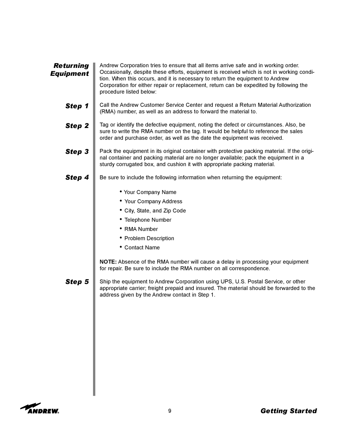 Andrew ES76PK-1 installation instructions Returning Equipment Step 