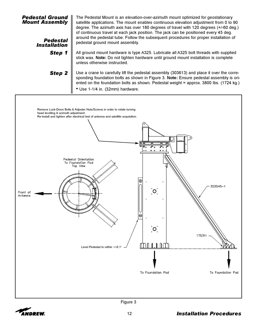Andrew ES76PK-1 Pedestal Ground Mount Assembly Pedestal, Installation Step Step, Installation Procedures 