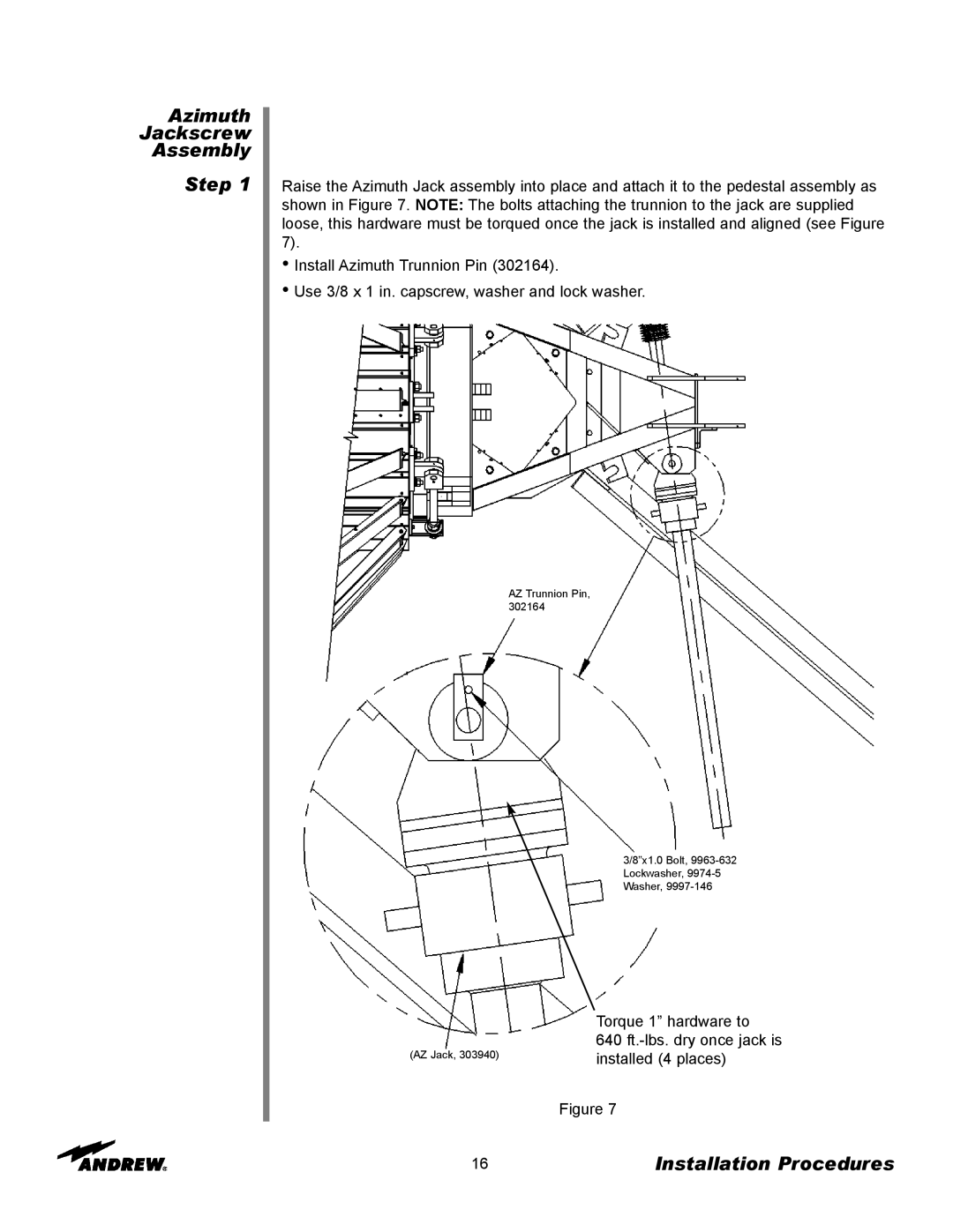 Andrew ES76PK-1 installation instructions Azimuth Jackscrew Assembly Step, Installation Procedures 